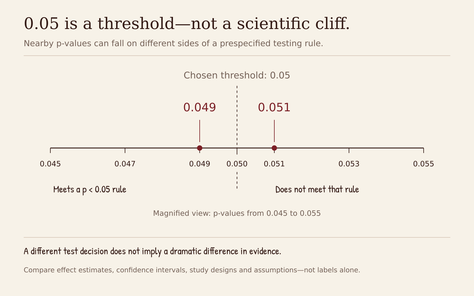 On a magnified linear p-value axis from 0.045 to 0.055, points at 0.049 and 0.051 lie equally close to a dashed threshold at 0.050. The first meets a p below 0.05 decision rule; the second does not. Both use the same colour to avoid implying scientific success or failure.