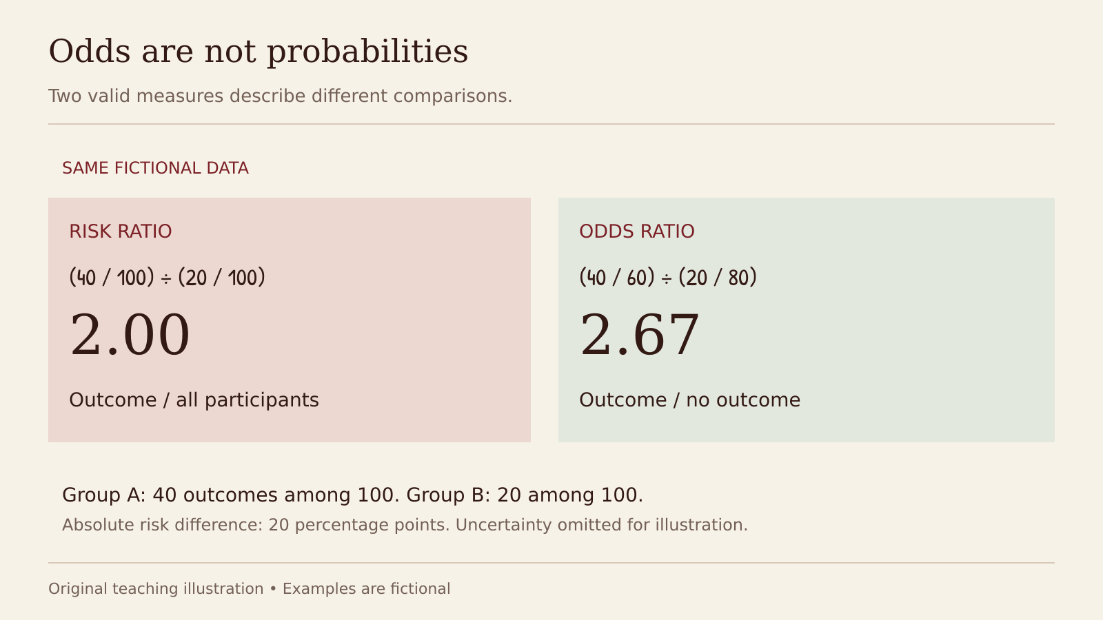 Group A has 40 outcomes and 60 non-outcomes; group B has 20 outcomes and 80 non-outcomes. Risk ratio is 2.00, odds ratio is 2.67, and risk difference is 20 percentage points.