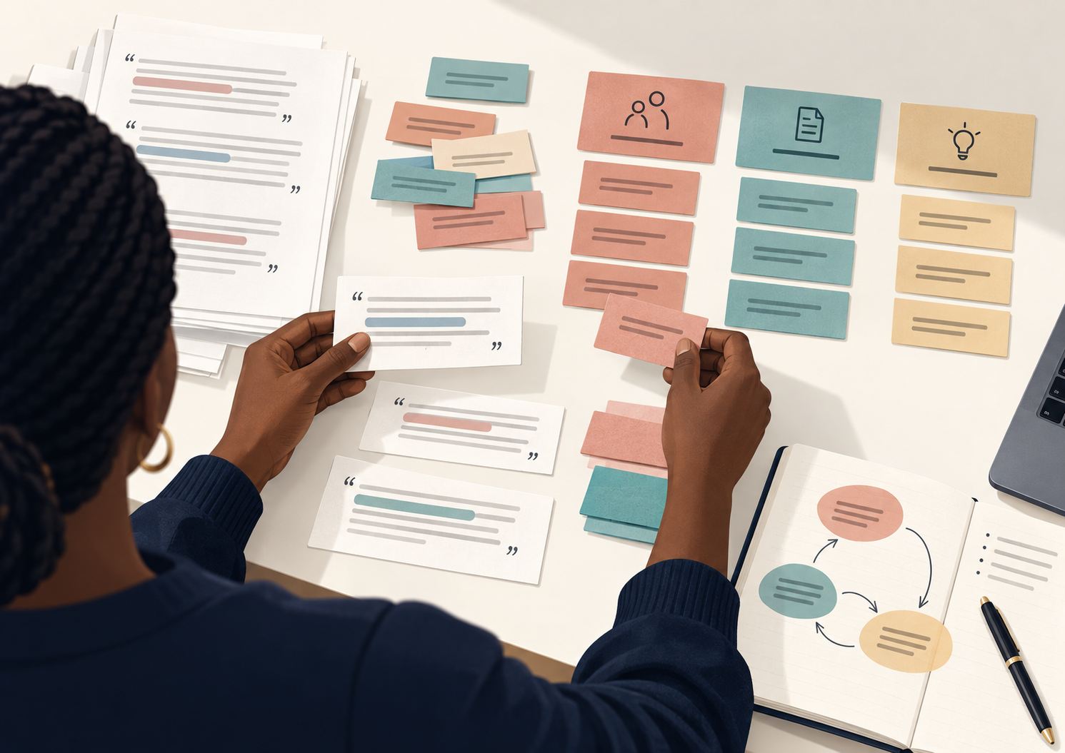Researcher organising interview transcript excerpts and code cards during thematic analysis.