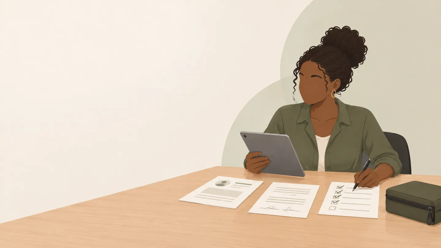Researcher preparing study documents, a checklist and a tablet for data collection