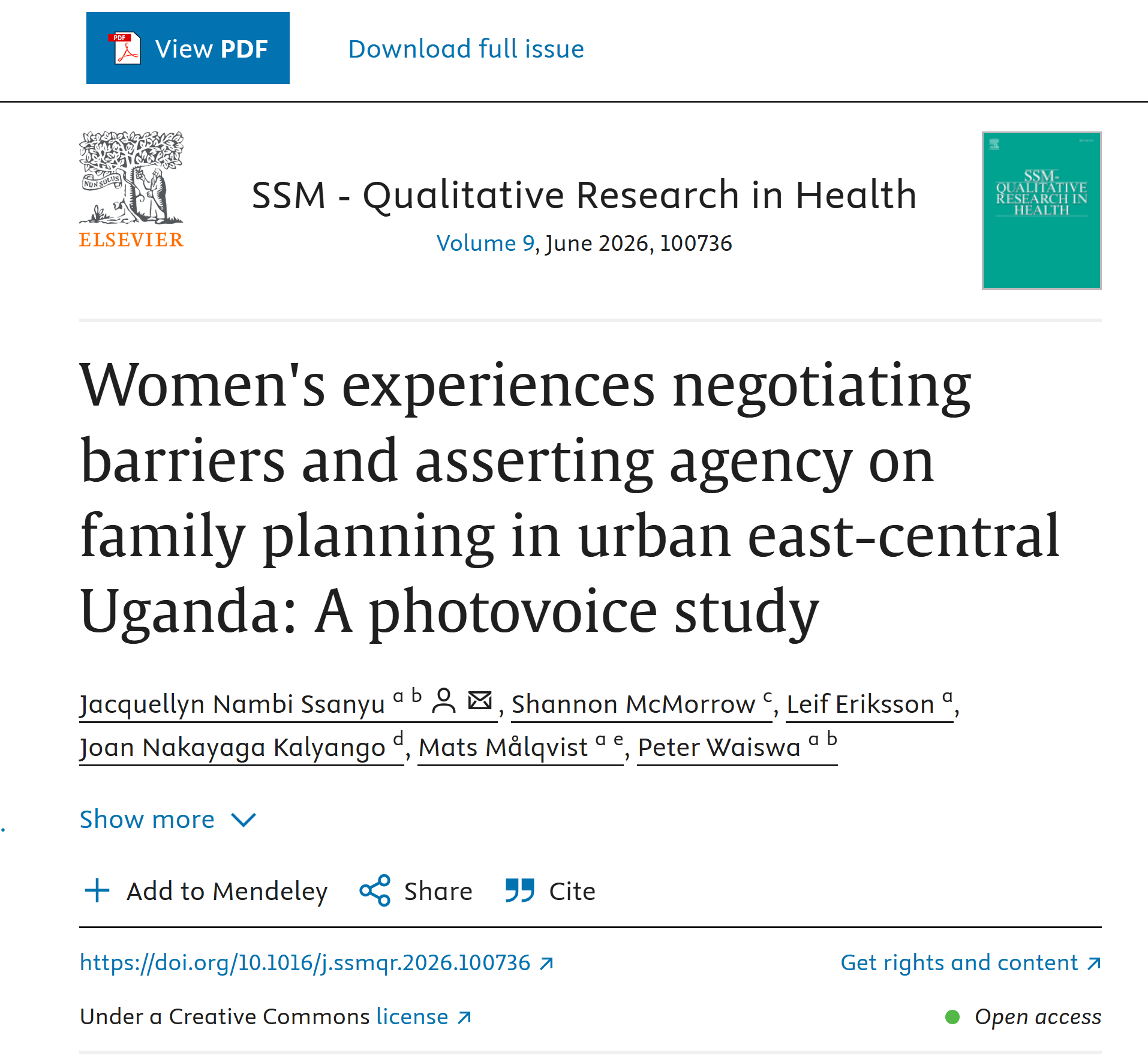 Published article page in SSM Qualitative Research in Health: Women's experiences negotiating barriers and asserting agency on family planning in urban east-central Uganda, a photovoice study