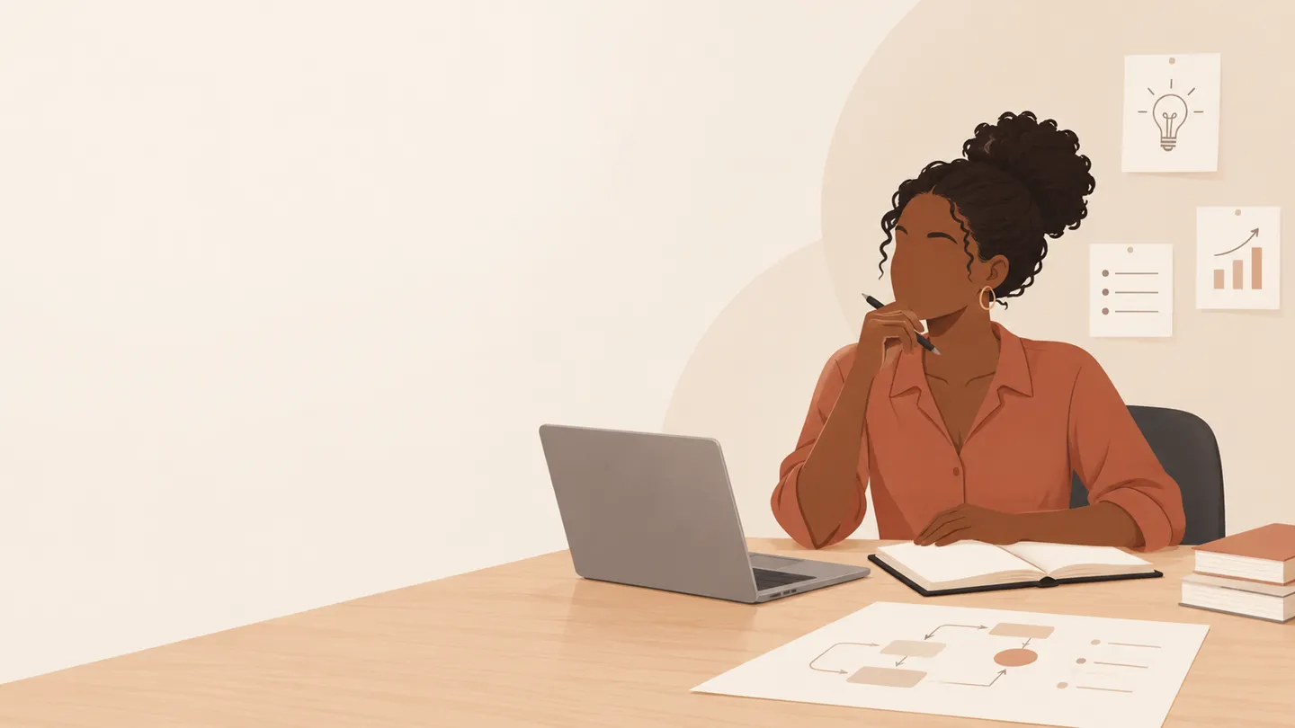 Researcher thinking through a study plan with a laptop, notebook and framework diagram
