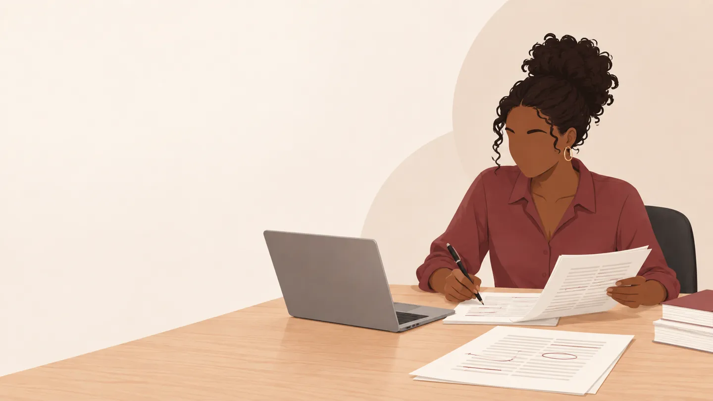 Researcher editing a manuscript beside a laptop and marked-up pages