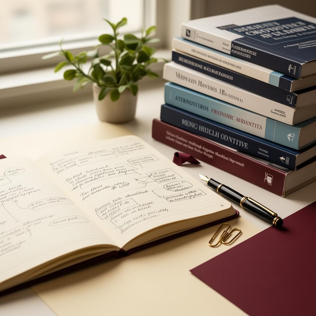 An open research notebook with handwritten notes, fountain pen, and stack of academic journals in soft daylight.