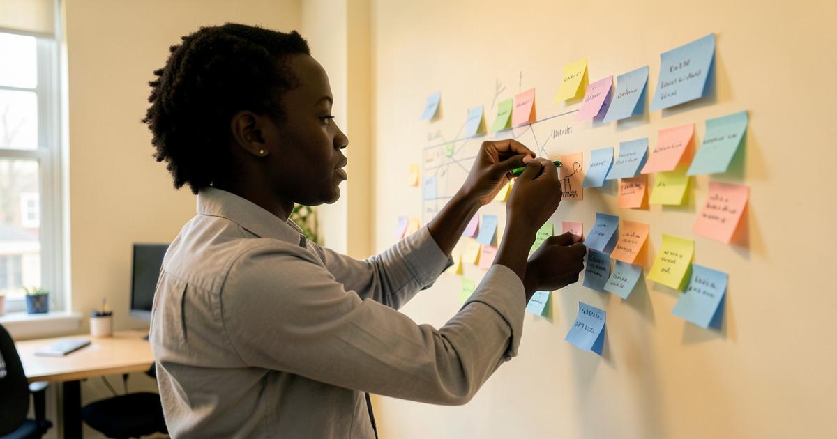 A Black African researcher mapping ideas on a wall of sticky notes.