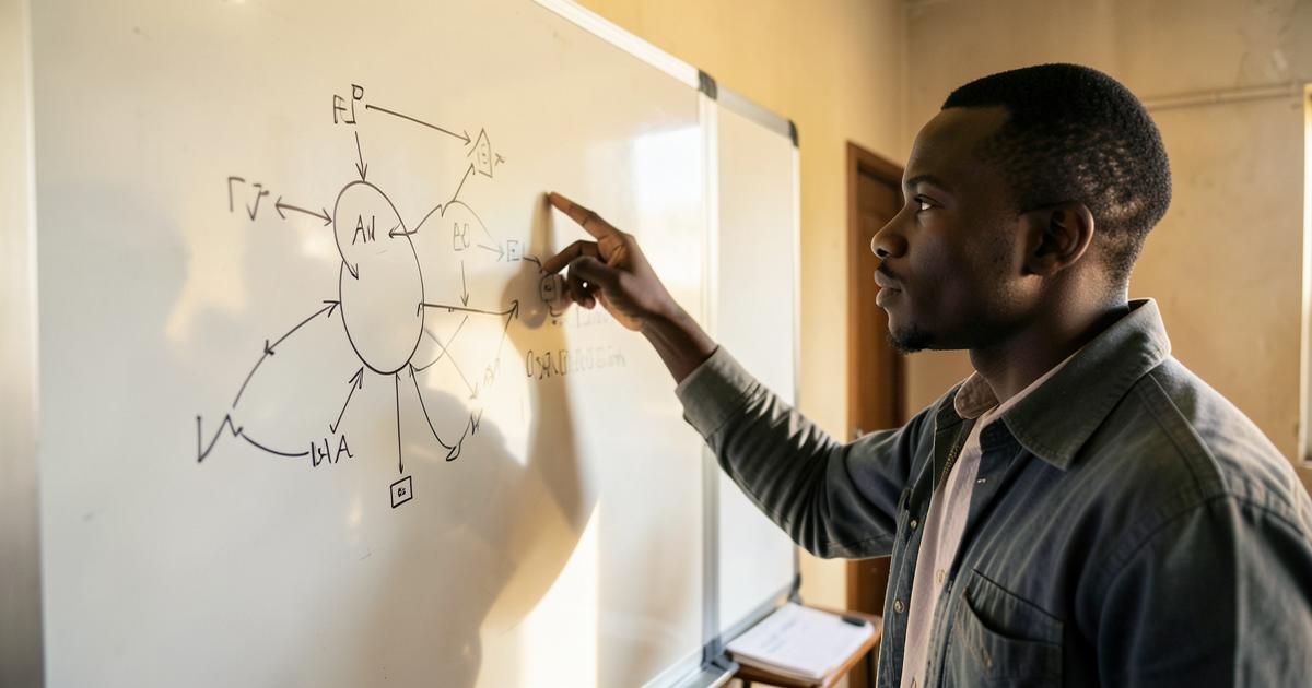 A Black African researcher explaining a conceptual framework on a whiteboard.