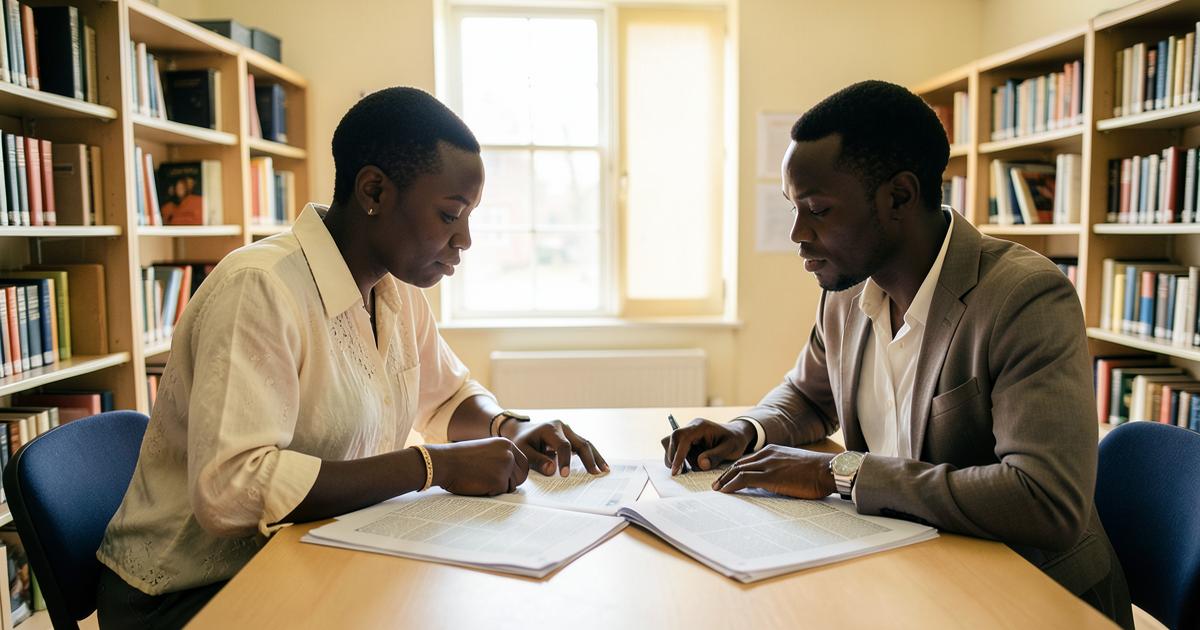 Two Black African researchers comparing journal articles in a university library.