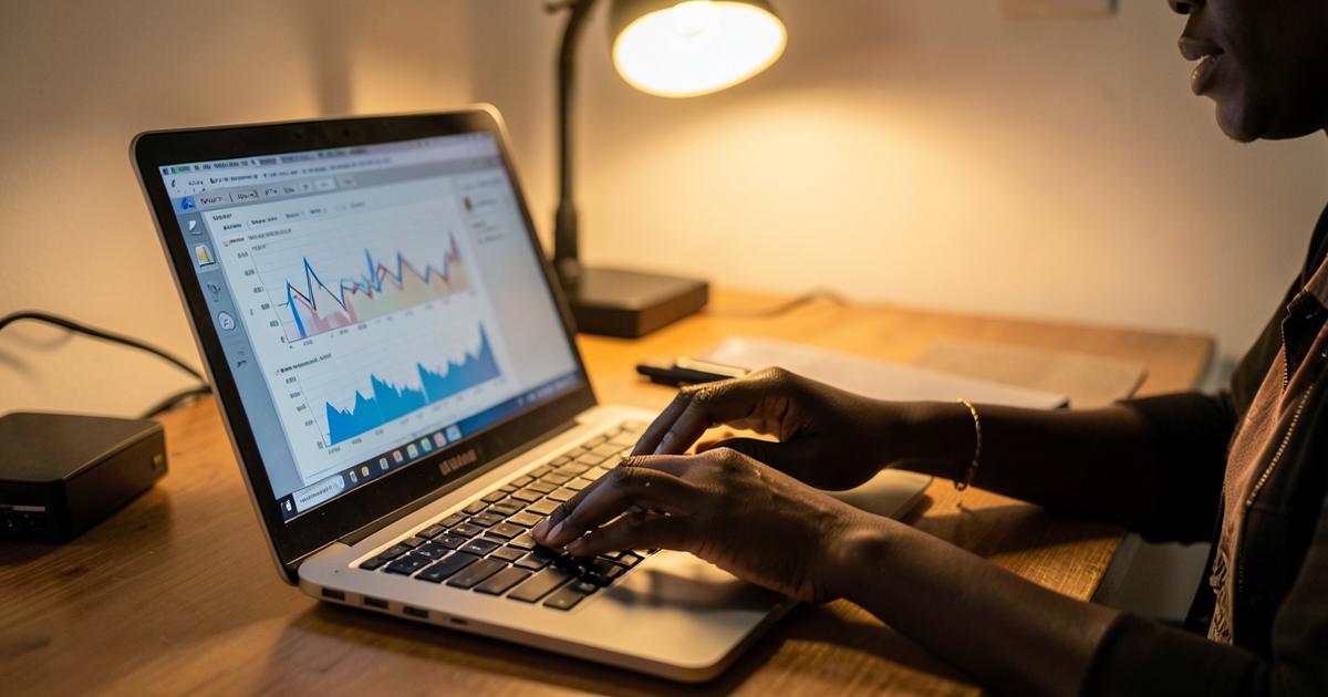 A Black African researcher reviewing statistical charts on a laptop.