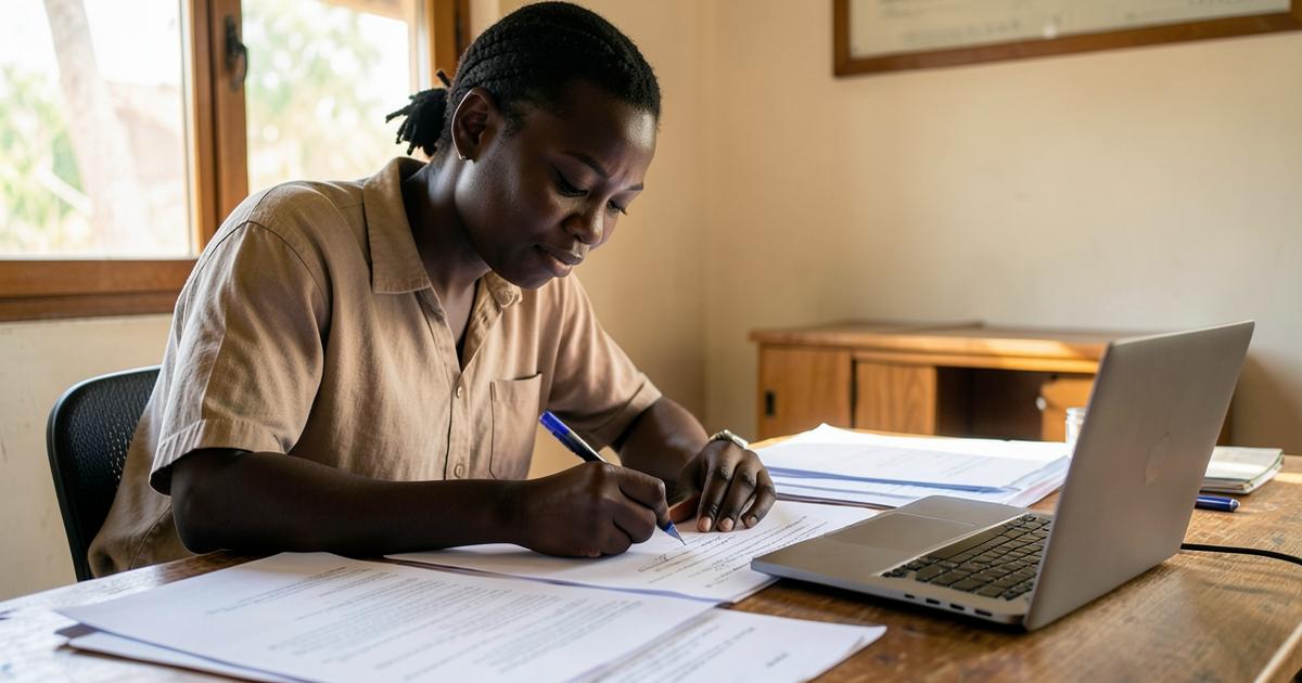 A Black African researcher auditing a printed research proposal.