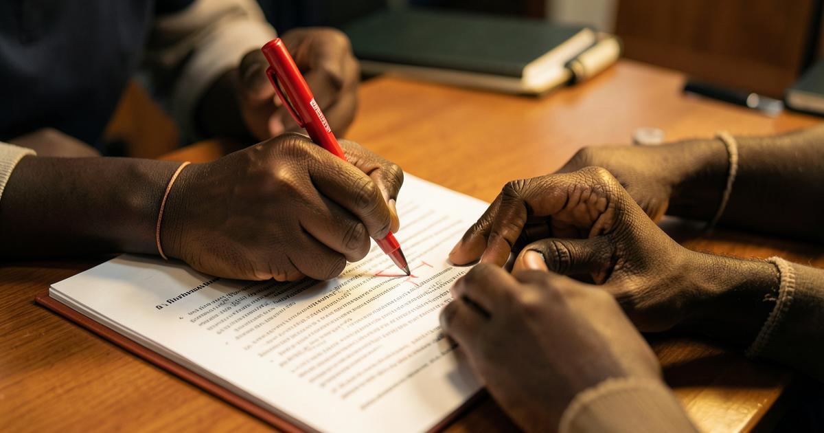 Hands of a Black African academic marking corrections on a printed manuscript.